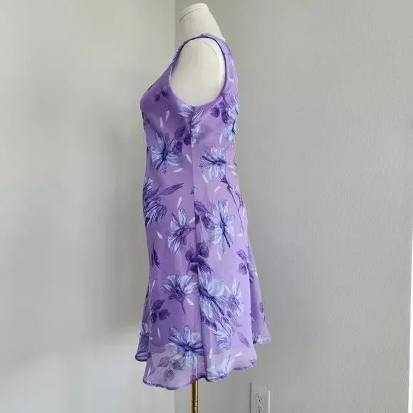 Vintage 90s Studio I Lilac Purple Floral Sheer Overlay Sleeveless Midi Dress L - Picture 4 of 8